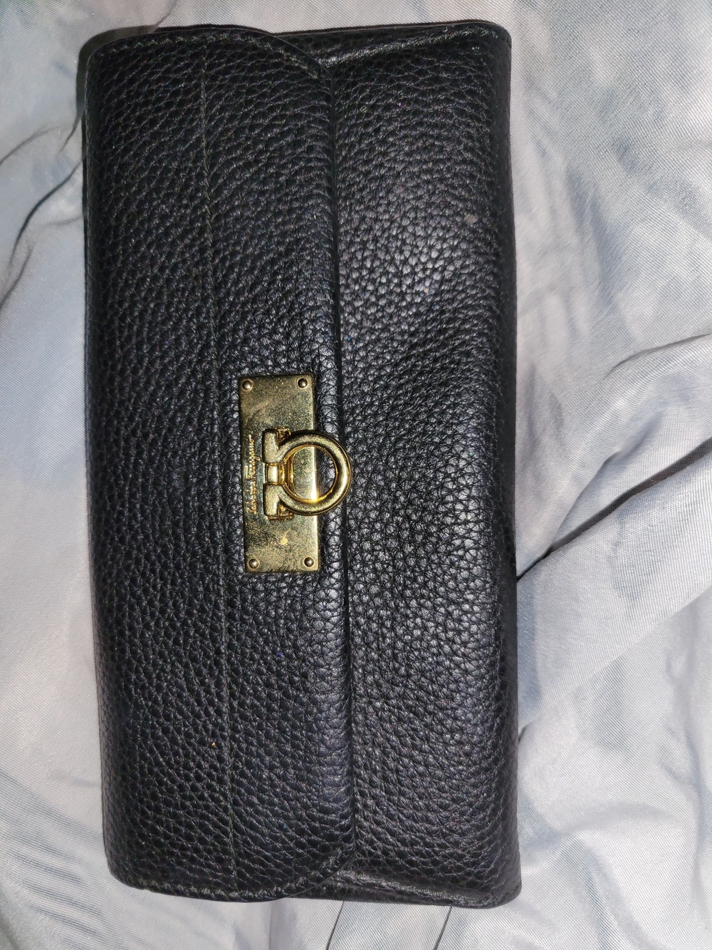 salvatore ferragamo Black Pebbled Leather Wallet with Gold Ring Hardware